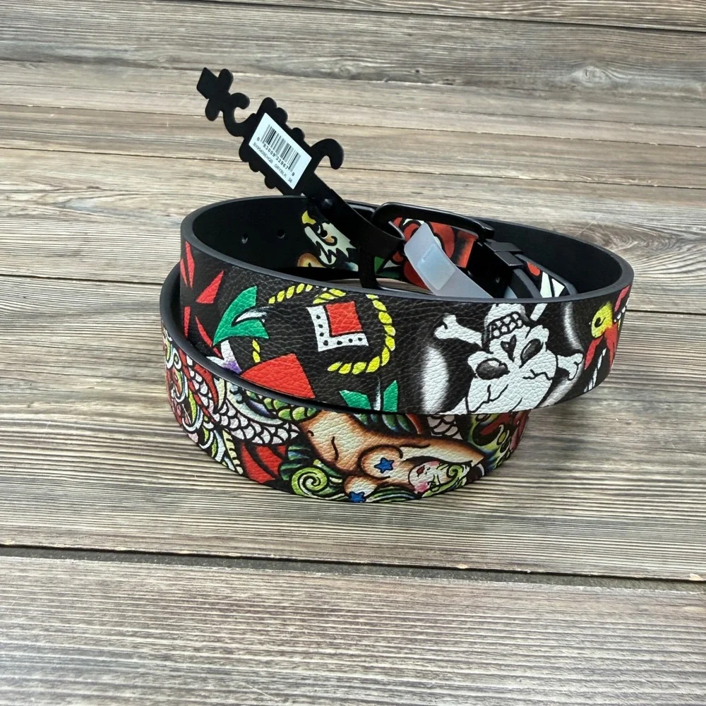 Ed Hardy Men Size 38 Reversible Belt Black Grey Tattoo Graphic BX95409EHQB New